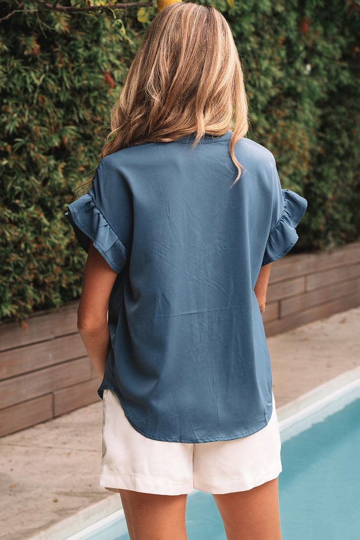 Real Teal Solid Color Ruffle Ruched Short Sleeve Buttoned Shirt