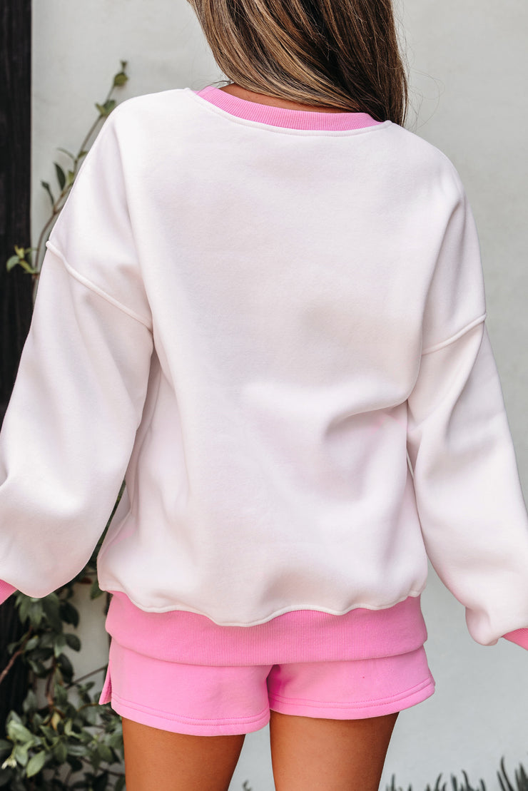 Strawberry Pink Color Block Pullover and Lace-up Elastic Waist Shorts Set