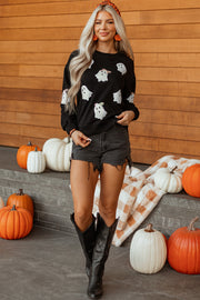 Black Sequin Cute Bow Ghost Graphic Crew Neck Halloween Sweatshirt