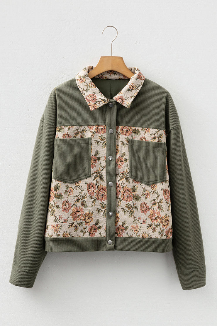 Sage Green Ribbed Retro Floral Patchwork Shirt Style Jacket