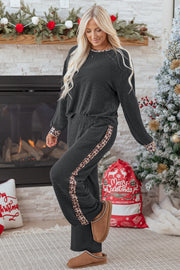 Carbon Grey Twisted Rib Texture Leopard Patchwork Detail 2pcs Pant Set