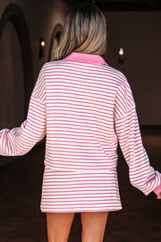 Pink Stripe Collared V Neck Drop Shoulder Pullover and Skort 2pcs Outfit