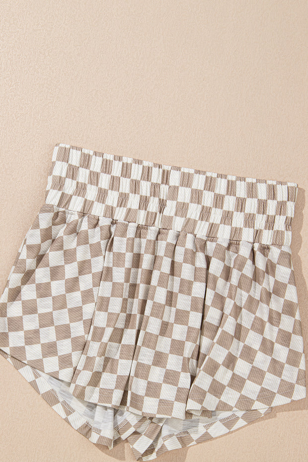 Brown Checkerboard T Shirt and High Waist Skorts 2 Piece Outfit