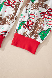 White Christmas Pattern Button V Neck Pullover Drawstring Pants 2pcs Lounge Set