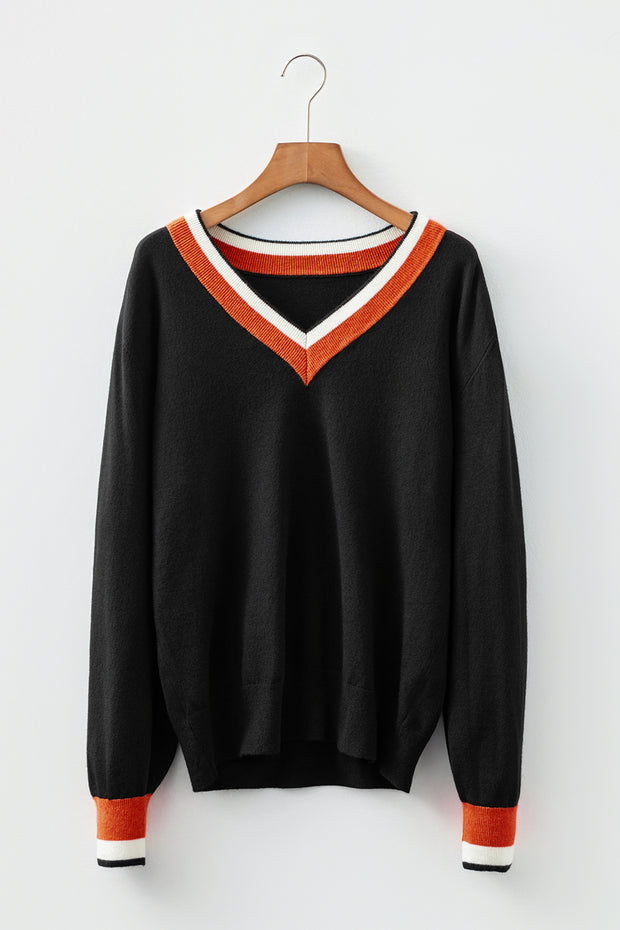 Black Contrast Striped Trim V Neck Varsity Sweater