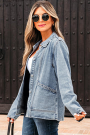 Myosotis Scallop Trim Collar Patched Pocket Button Up Denim Jacket