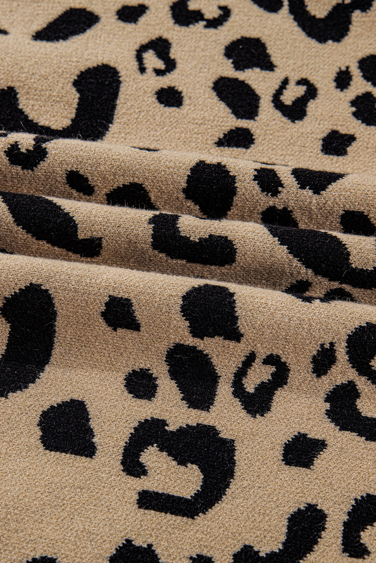 Brown Leopard Knitted Lacy Trim Cuffed Plus Size Sweater