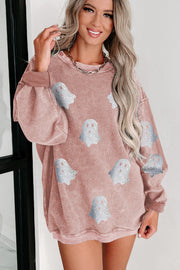 Pink Halloween Ghost Corded Crew Neck Loose Sweatshirt
