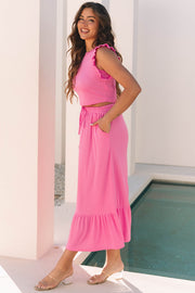 Bonbon Textured Ruffle Trim Crop Vest Lace-up Long Skirt Set