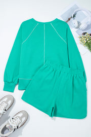 Dark Green Colorblock Trim V Neck Pullover Top and Shorts Set