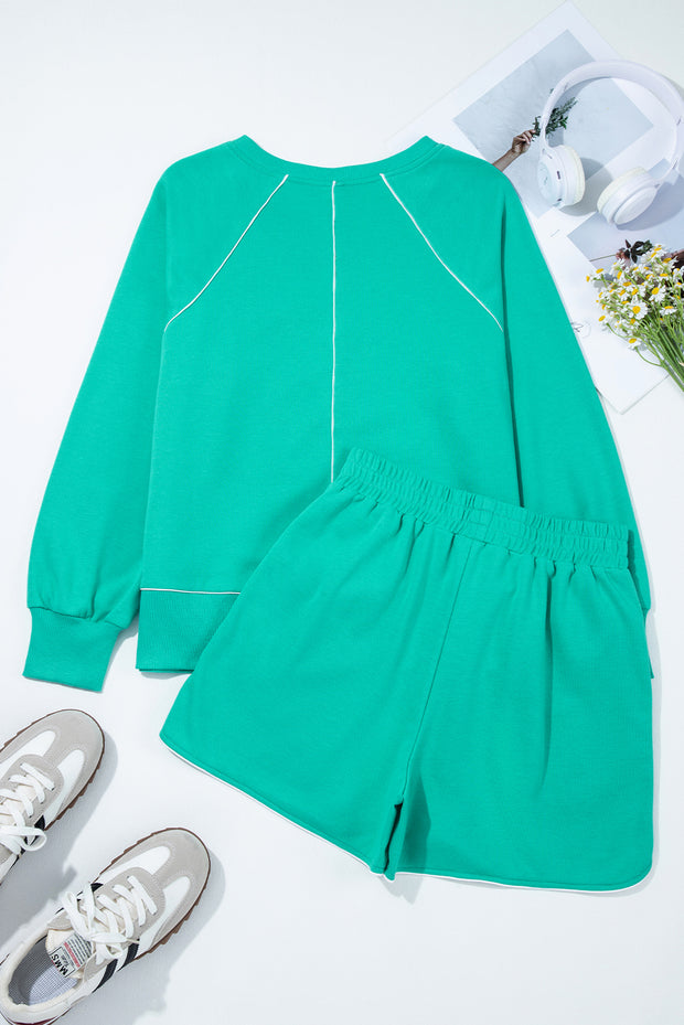Dark Green Colorblock Trim V Neck Pullover Top and Shorts Set