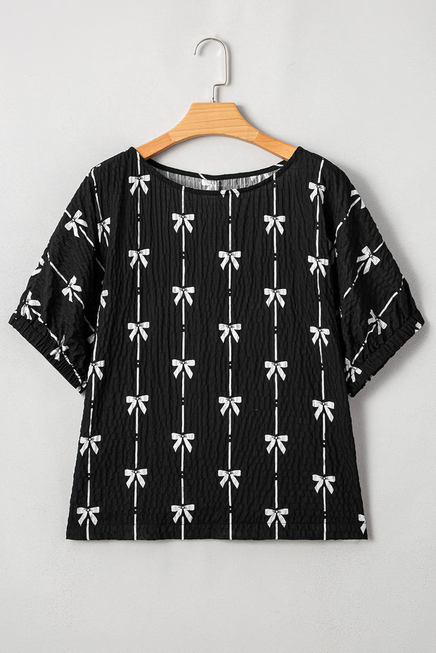 Black Bow Print Puff Short Sleeve Top