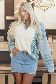 Beige Floral Striped Drop Sleeve Collared Boxy Fit Sweatshirt