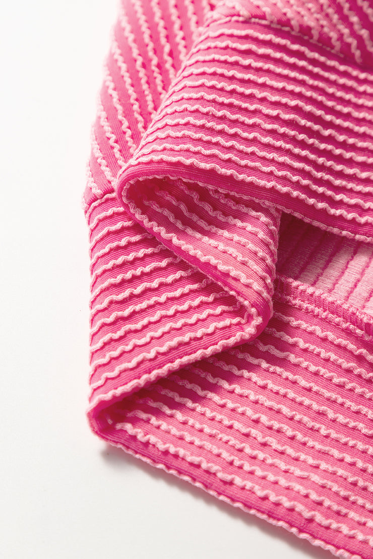 Bright Pink Solid Corded Knit Short Sleeve T Shirt and Wide Leg Pants Set