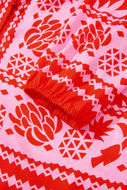 Strawberry Pink Abstract Floral Print Tie Neck Button Decor 3/4 Sleeve Blouse