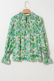 Green Leafy Printed Flounce Sleeve Shirred Mock Neck Blouse
