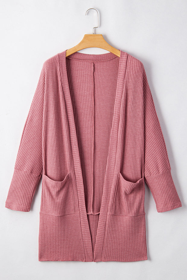 Mineral Red Solid Color Waffle Knit Cardigan with Pocket