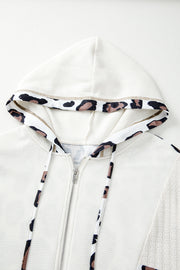Apricot Oversized Leopard Contrast Mixed Texture Patchwork Zip Up Drop Shoulder Hoodie