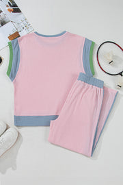 Pink Corded Colorblock Patchwork Short Sleeve Top and Loose Pants Set