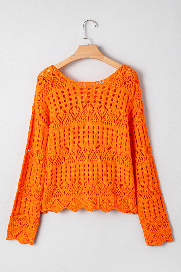 Carrot Solid Color Open Crochet Scallop Edge Sweater
