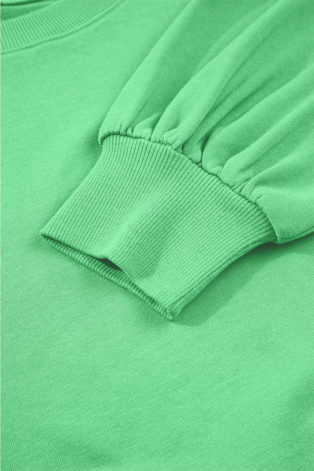 Bright Green Drop Shoulder Puff Sleeve Crop Pullover Drawstring Wide Leg Pants Set