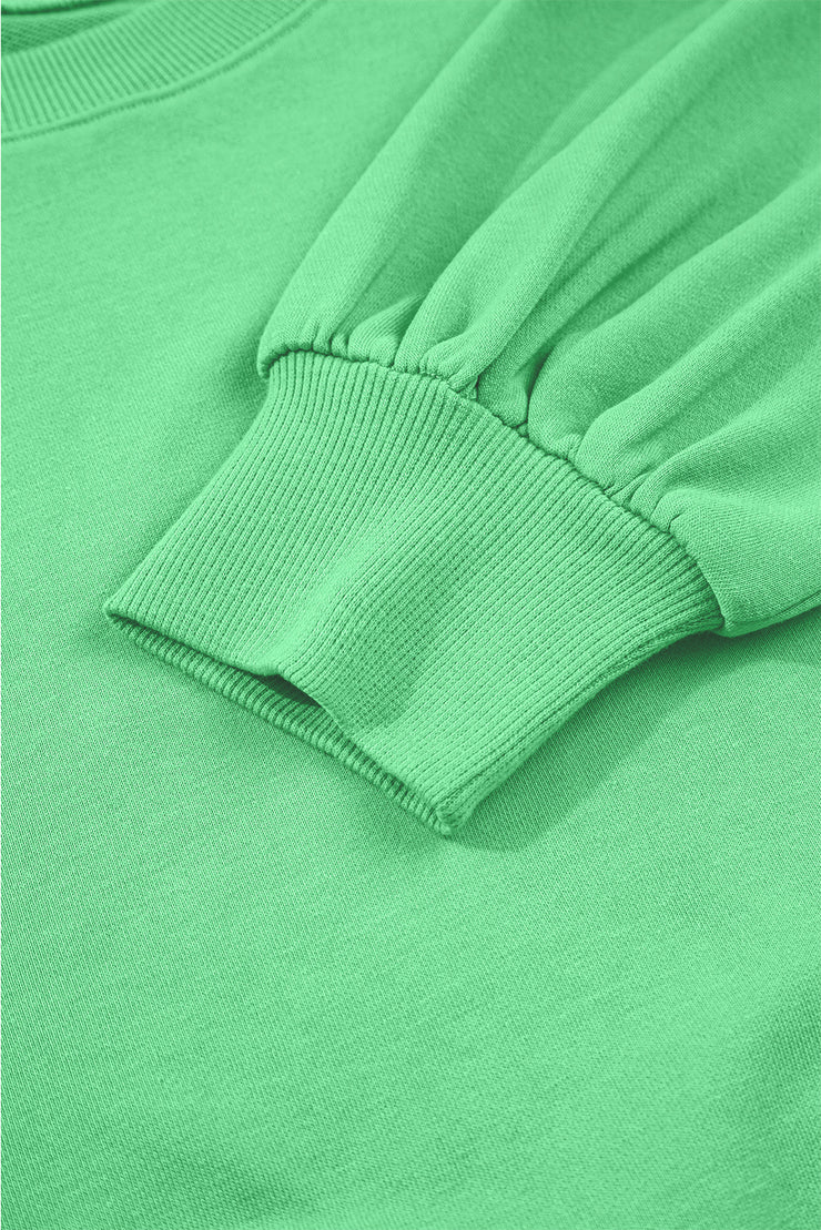 Bright Green Drop Shoulder Puff Sleeve Crop Pullover Drawstring Wide Leg Pants Set