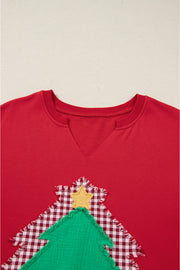 Fiery Red Plaid Frayed Double Christmas Tree Patched Drop Shoulder Sweatshirt