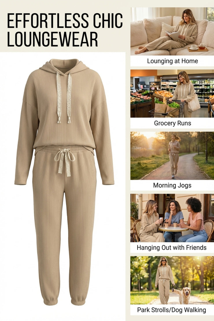 Jet Stream Lace Drawstring Pullover Hoodie and High Waist Pants Corduroy Suit