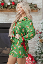 Green Christmas Candy Contrast Trim Bow Knot Silky 2pcs Pajama Set