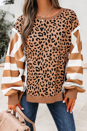Khaki Stripe Color Block Patchwork Leopard Casual Sweatshirt with Slits
