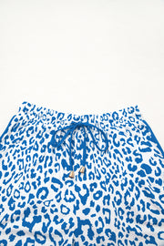Blue Leopard Elastic Waist Lace up Contrast Trim Casual Shorts