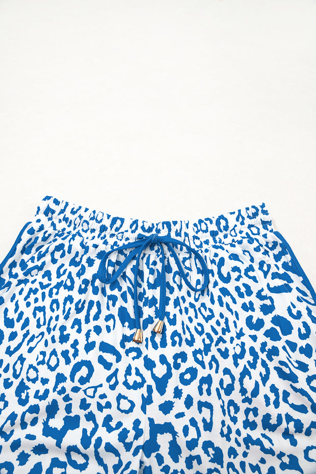 Blue Leopard Elastic Waist Lace up Contrast Trim Casual Shorts