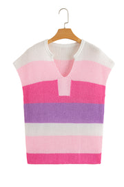 Pink Color Block Notch V Neck Sweater T Shirt