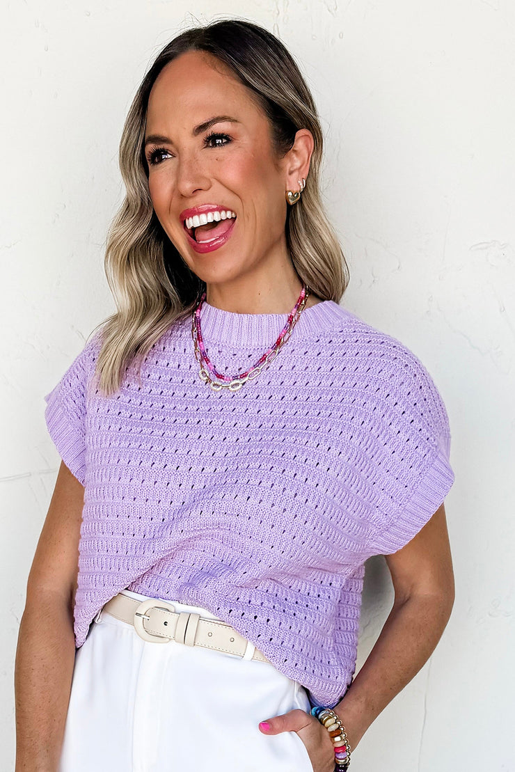 Lavendula Pointelle knit Ribbed Trim Short Sleeve Sweater