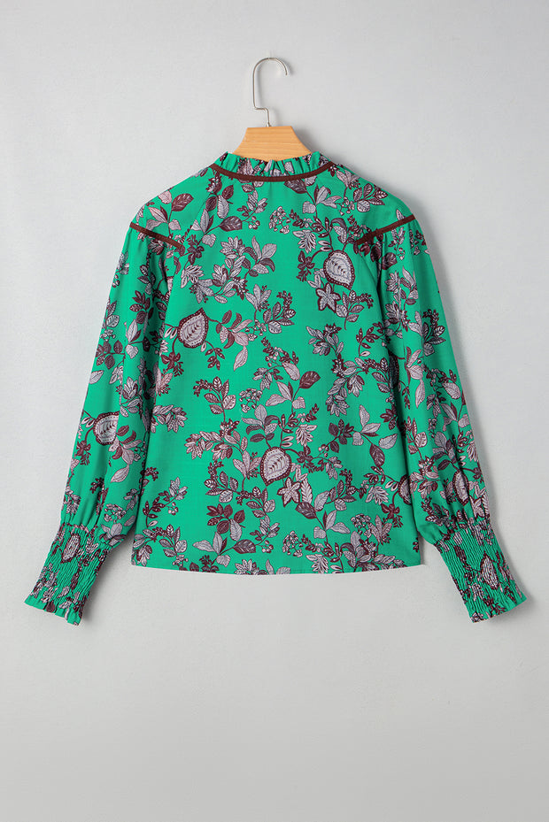 Green Leaves Print Contrast Trim V Neck Shirred Puff Sleeve Blouse