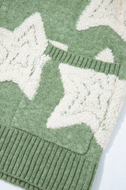 Green Sherpa Star Pattern Textured Sweater Cardigan with Pockets