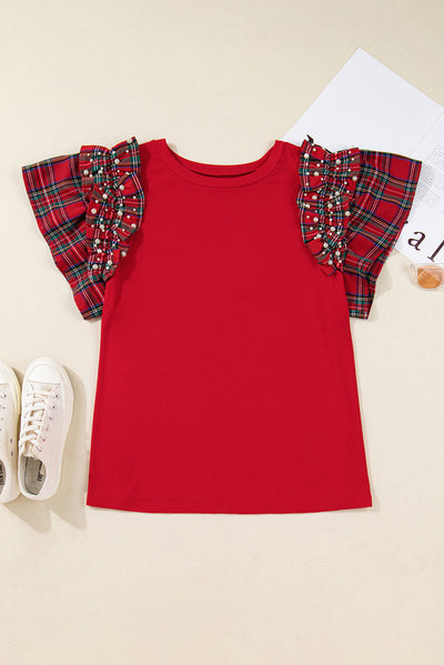 Racing Red Plaid Pearl Ruffled Short Sleeve Knitted Christmas Holiday Plus Size T-shirt