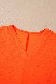 Orange Textured V Neck T Shirt and Shorts Set
