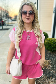 Rose Red 3D Spiral Ribbed Texture 2 Tones Patchwork Short Set