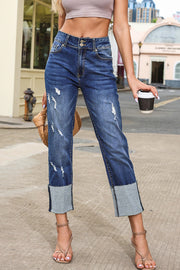 Blue-2 High Waist Distressed Straight Leg Jeans