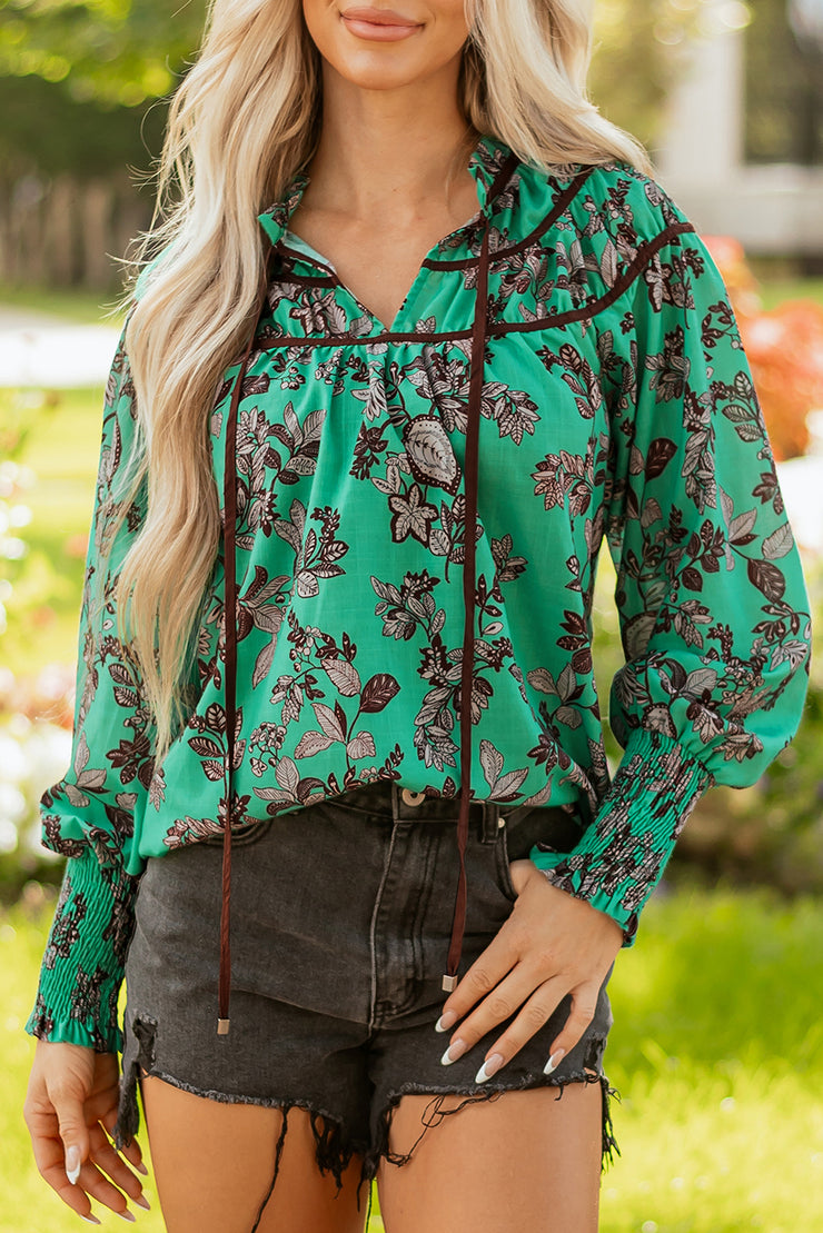Green Leaves Print Contrast Trim V Neck Shirred Puff Sleeve Blouse