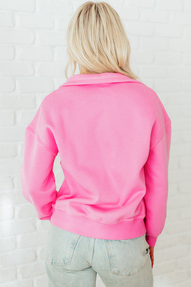 Bright Pink Half Button Stand Neck Drop Shoulder Sweatshirt