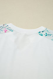 White Floral Colorblock Patchwork Chest Pocket Notched Neck Long Sleeve Top