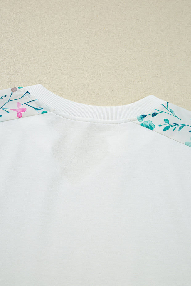 White Floral Colorblock Patchwork Chest Pocket Notched Neck Long Sleeve Top