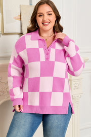Pink Plus Size Checkered Collared Half Button Sweater
