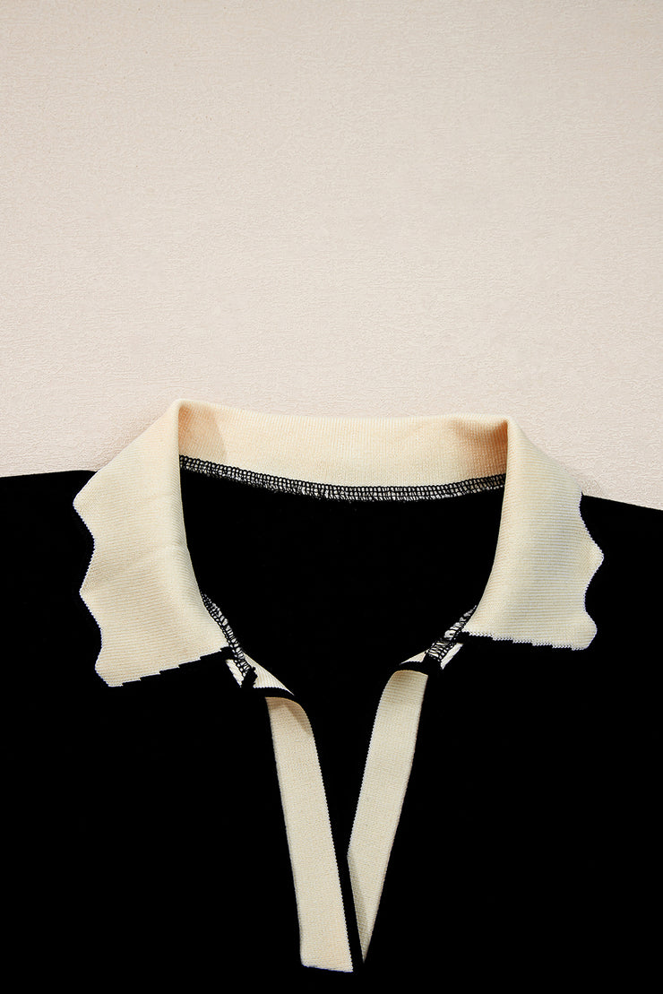 Black Scallop Trim Color Block Long Sleeve Collared Top