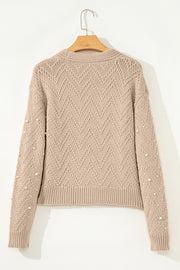 Smoke Gray Pearl Embellished Button Front V Neck Sweater Cardigan