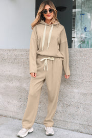 Jet Stream Lace Drawstring Pullover Hoodie and High Waist Pants Corduroy Suit