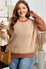 Light French Beige Contrast Stitch Detail Color Block Knitted Plus Size Sweater