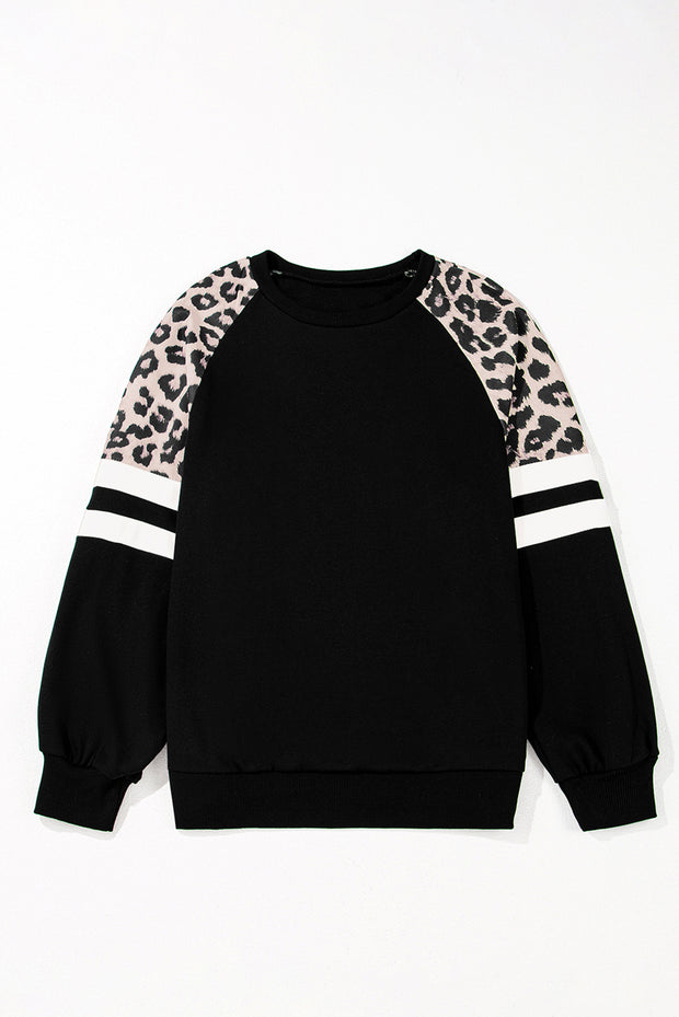 Black Leopard Print Colorblock Raglan Sleeve Sweatshirt